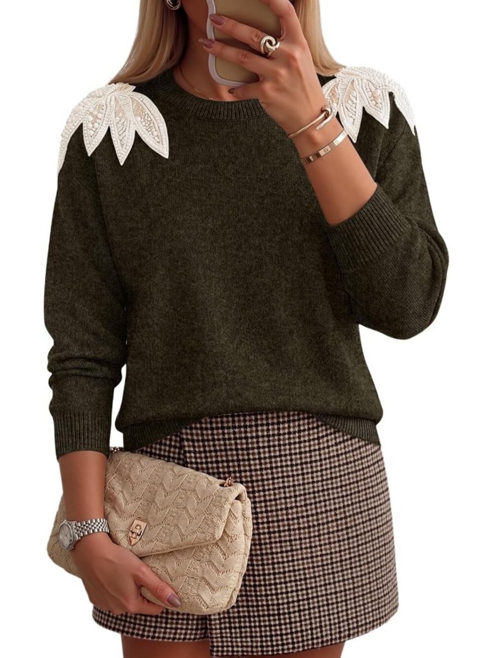 Cozy Fall Winter Sweater with Pearls & Lace Trim | Stylish Pullover Top